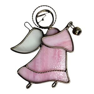 Angel Stained Glass Ornament Gold Bell Charm 5" Sun Catcher Hanging Decor Pink